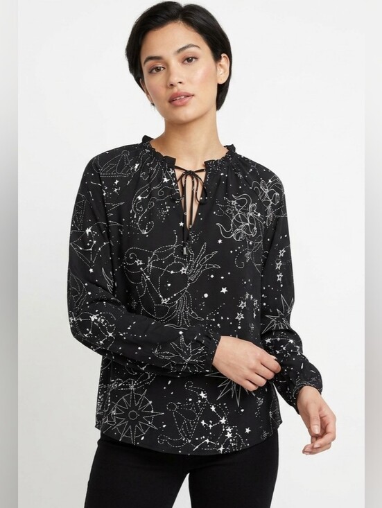 White House Black Market Tops - White House Black Market Black Star & Constellation Tie-Neck Blouse